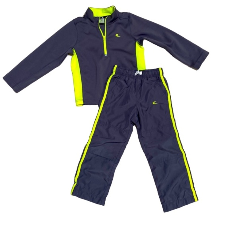 Boys Athletic Active Wear Set Zip Shirt Lined Sweatpants Workout Grey Yellow 5T